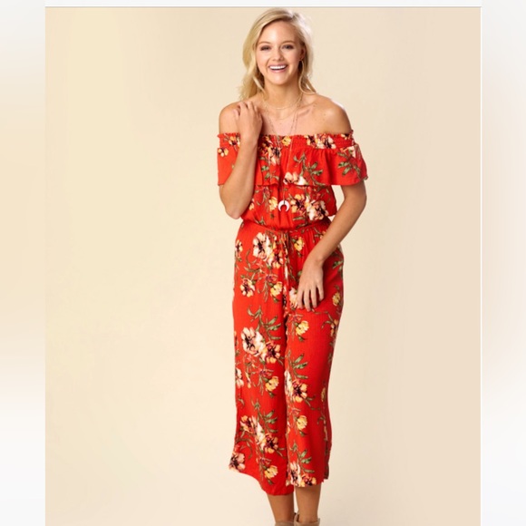 Altar'd State Pants - Altar’d State Red Floral Off The Shoulder Jumpsuit